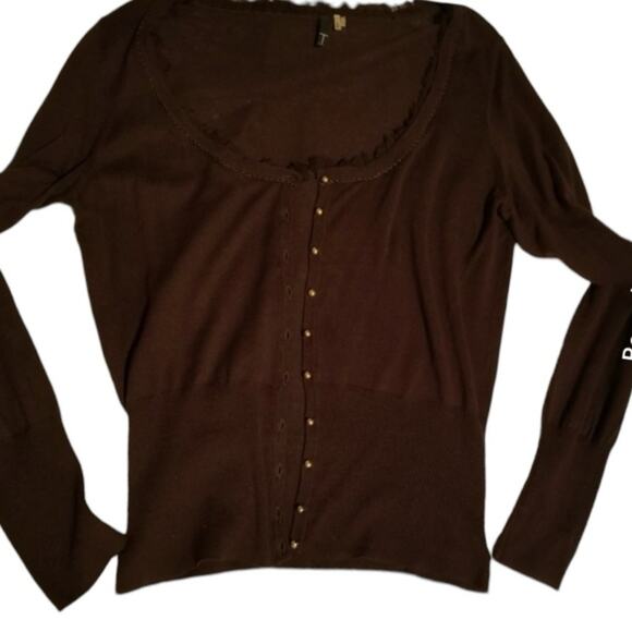 Tahari Deep Scoop Neck Brown Lightweight Cotton/Silk Cardigan - Large - Picture 4 of 8